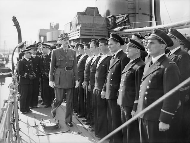 General De Gaulle inspecting sailors on Léopard in June 1942