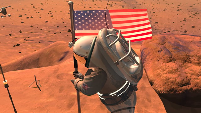 An artist's conception, from NASA, of an astronaut planting a US flag on Mars.