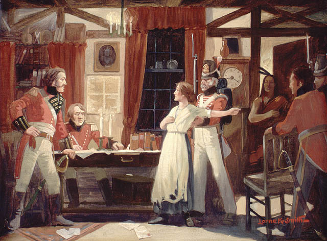 Laura Secord providing advance warning to James FitzGibbon which led to a British-Indian victory at the Battle of Beaver Dams, June 1813
