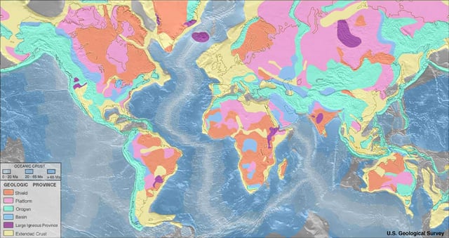 Geologic provinces of the world. The pink and orange areas are shields and platforms, which together constitute cratons.