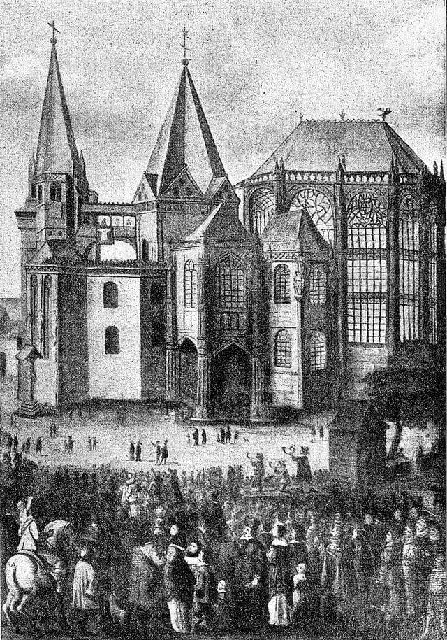 Presentation of the four "Great Relics" during the Aachen pilgrimage, after a 17th-century painting