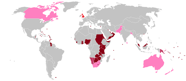 Elizabeth's realms (pink) and their territories and protectorates (dark red) at the beginning of her reign in 1952