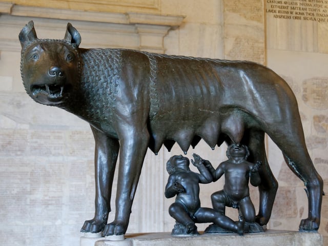 Capitoline Wolf, sculpture of the mythical she-wolf feeding the twins Romulus and Remus, from the legend of the founding of Rome, Italy.
