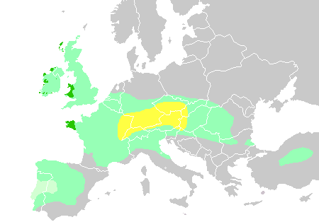 Diachronic distribution of Celtic people from 500 BC. Expansion into the southern Low Countries by 270 BC.