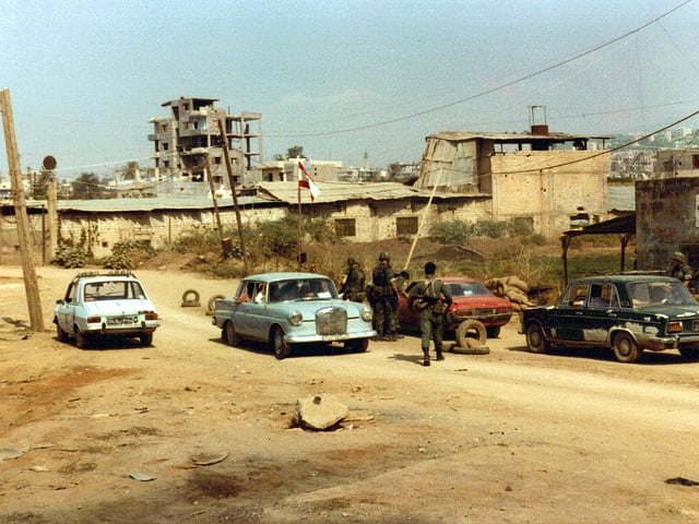 A checkpoint manned by the Lebanese army and US Marines, 1982. The Lebanese Civil War (1975–1990) was characterized by multiple foreign interventions.