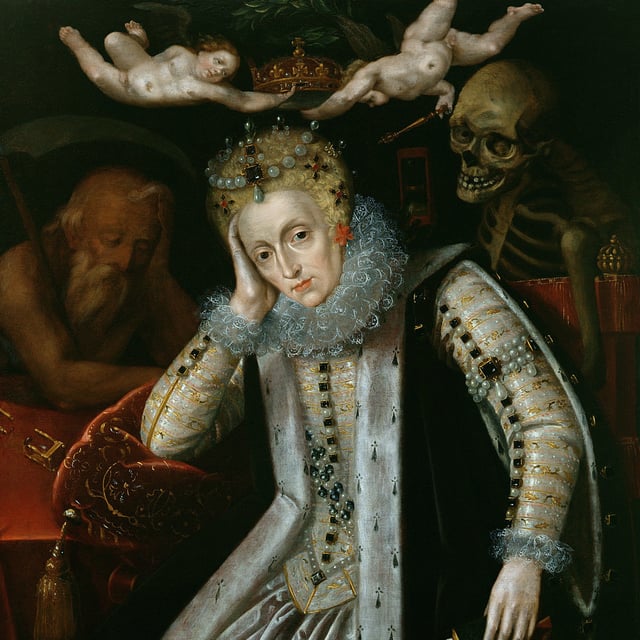 Elizabeth I, painted after 1620, during the first revival of interest in her reign. Time sleeps on her right and Death looks over her left shoulder; two putti hold the crown above her head.