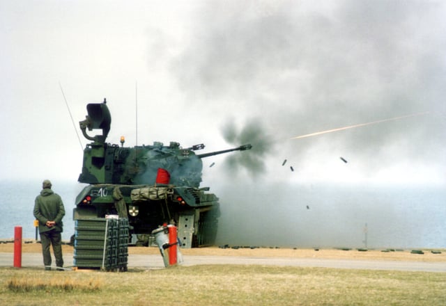 A Gepard firing at the German army's Hohwacht Bay training area (1987)