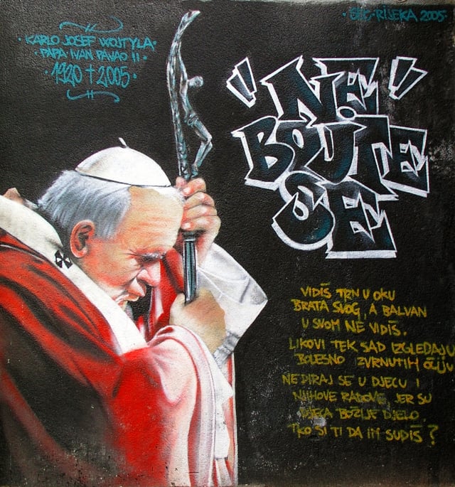Graffiti showing Pope John Paul II with quote "Do not be afraid" in Rijeka, Croatia