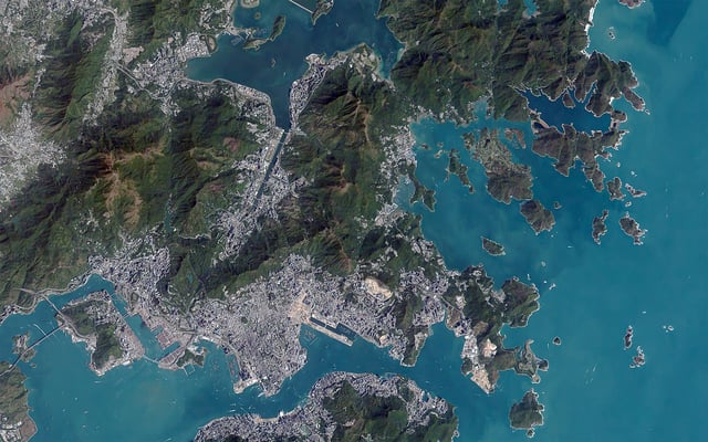 Areas of urban development and vegetation are visible in this satellite image.