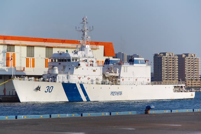 The Indian Coast Guard's offshore patrol vessel ICGS Vishwast (OPV-30) at the port of Kobe, Japan.