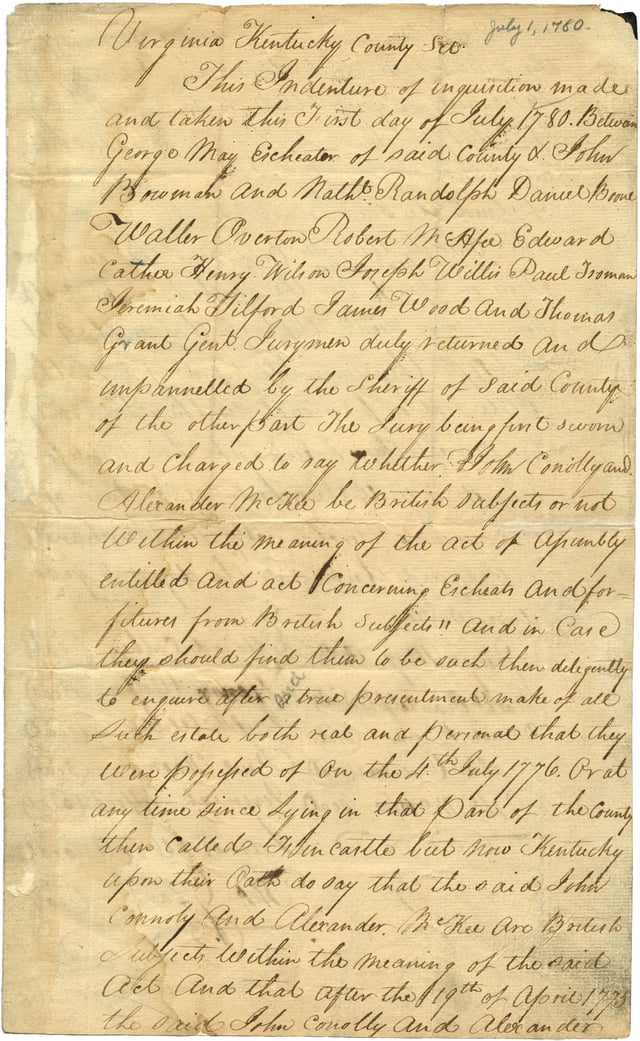 A jury finding from Kentucky County, Virginia in July 1780, confiscating lands of two men adjudged to be British subject. Daniel Boone was listed as a member of the jury.