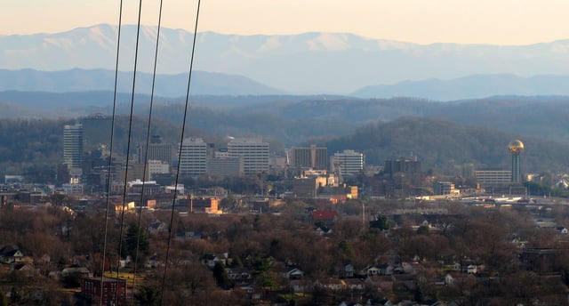 Downtown Knoxville, with the Great Smoky Mountains rising in the distance, viewed from Sharp's Ridge
