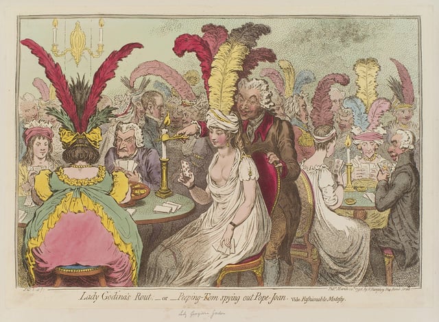 Lady Godina's rout; - or - Peeping-Tom spying out Pope-Joan, by James Gillray, 1796.