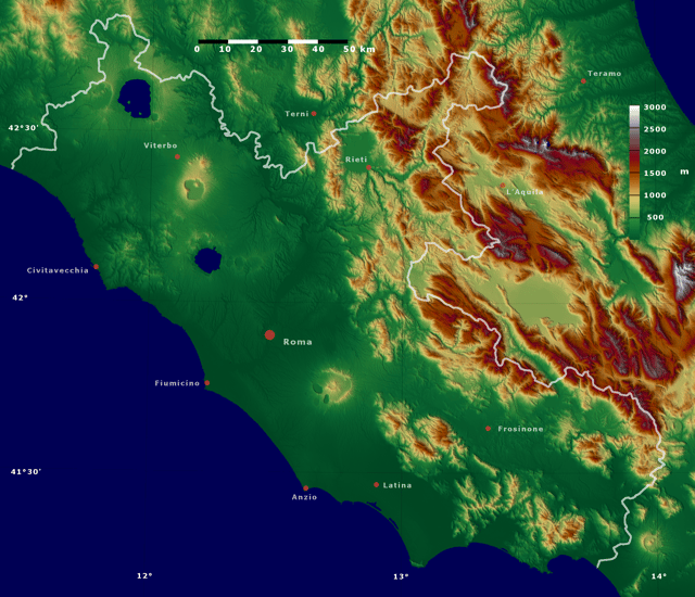Relief map of Lazio.