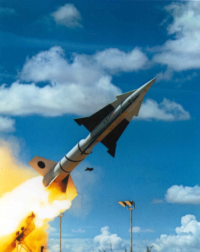 A Nike Zeus A missile being test launched at White Sands illustrates the long wings and narrow fuselage that carried over from Hercules.
