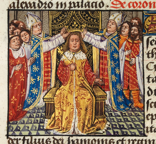 The coronation of Alexander depicted in medieval European style in the 15th century romance The History of Alexander's Battles