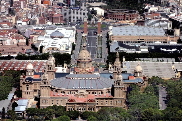 Aerial view of the Palau Nacional, seen from the back