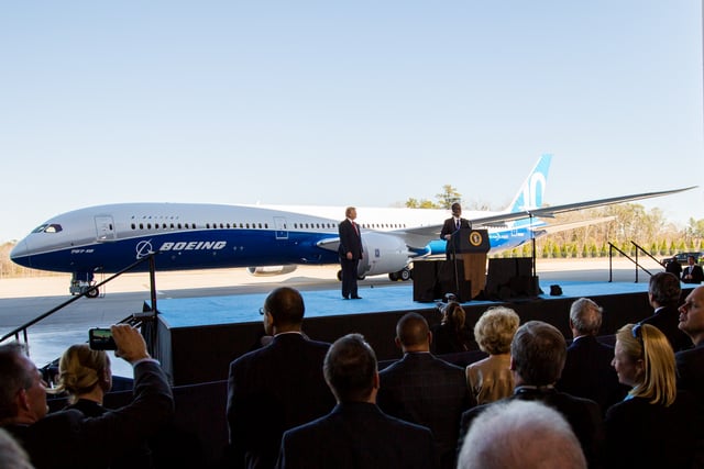 Boeing CEO Dennis Muilenburg and President Trump at the 787-10 Dreamliner rollout ceremony