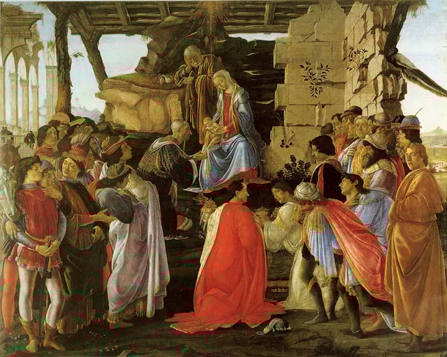 The Adoration of the Magi includes several generations of the Medici family and their retainers. Sixteen-year-old Lorenzo is to the left, with his horse, prior to his departure on a diplomatic mission to Milan.