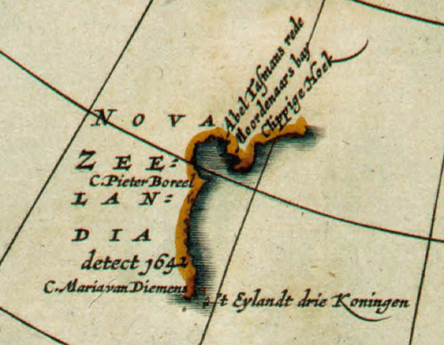 Detail from a 1657 map by Jan Janssonius, showing the western coastline of Nova Zeelandia
