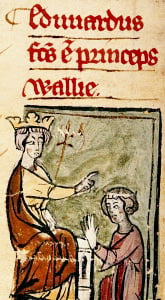 Early 14th-century depiction of Edward I (left) declaring his son Edward (right) the Prince of Wales