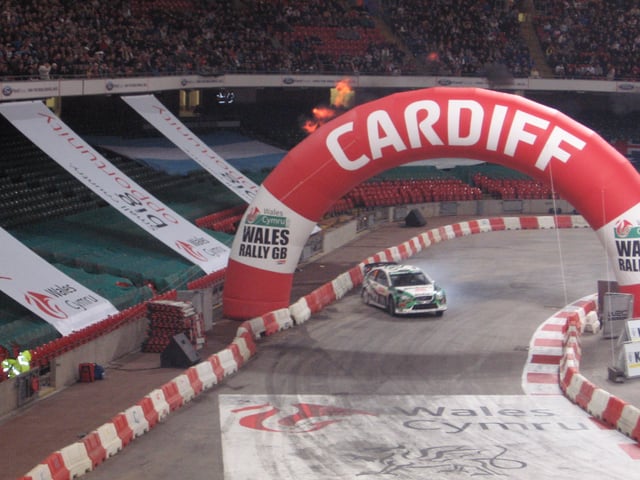 A stage of Wales Rally GB, hosted inside the Principality Stadium