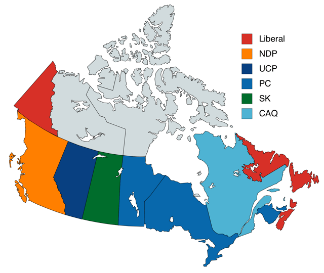 The governing political party(s) in each Canadian province. Multicoloured provinces are governed by a coalition or minority government consisting of more than one party.