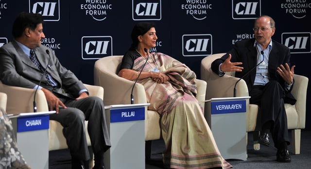 Prithviraj Chavan, Chief Minister of Maharashtra, India; Sudha Pilay, Member-Secretary, Planning Commission, India; and Ben Verwaayen, chief executive officer, Alcatel-Lucent, France were the co-chairs of the India Economic Summit 2011 in Mumbai