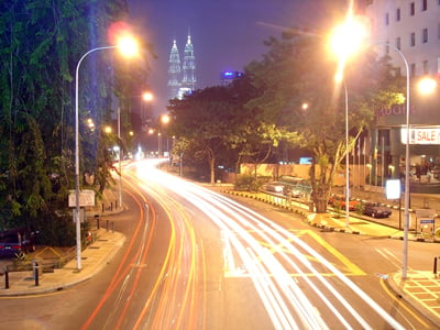 The busy Jalan Ampang at night leading straight to the Petronas Towers
