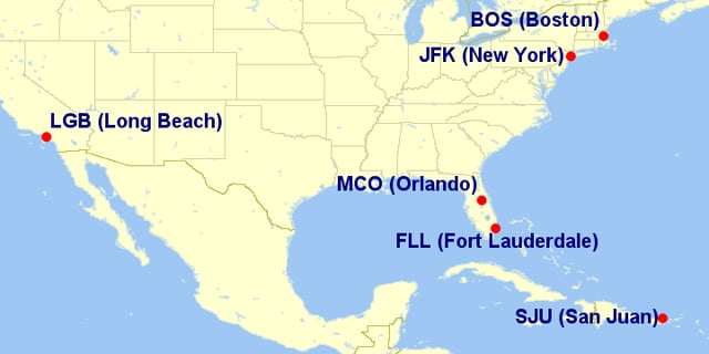 Map of JetBlue focus cities