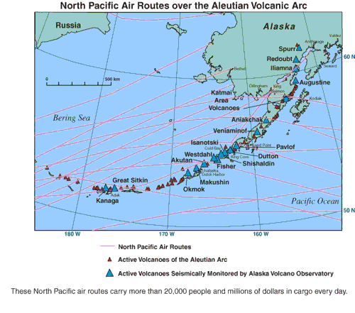 Active Aleutian volcanoes.