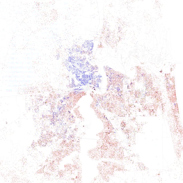 Map of racial distribution in Jacksonville, 2010 U.S. Census. Each dot is 25 people: White, Black, Asian Hispanic, or Other (yellow)
