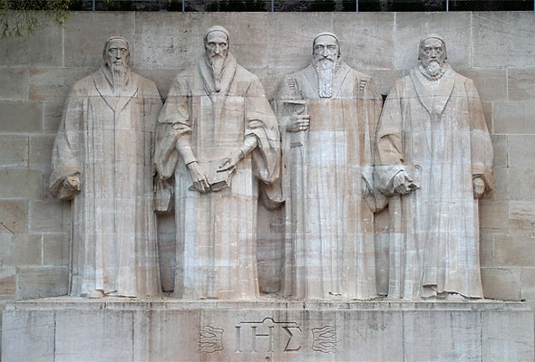 Reformation Wall in Geneva; from left to right: William Farel, John Calvin, Theodore Beza, and John Knox