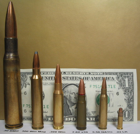 .50 BMG, .300 Winchester Magnum, .308 WIN (7.62 NATO), 7.62×39mm, 5.56 NATO, and .22 LR.