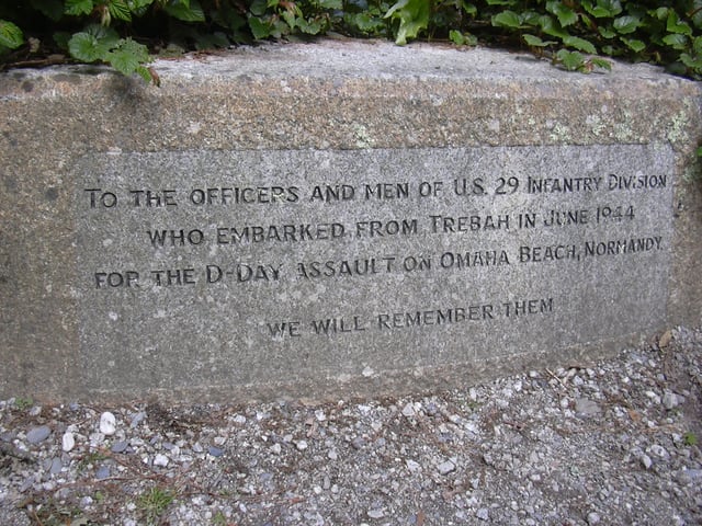 Memorial of the 29th Infantry Division's embarkation for D-Day in Trebah, United Kingdom.