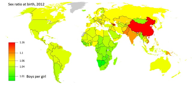 World map of birth sex ratios, 2012