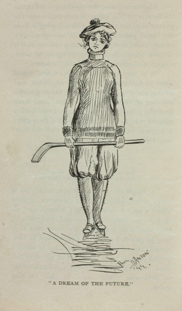 Drawing of a female ice hockey player, from Hockey: Canada's Royal Winter Game (1899)