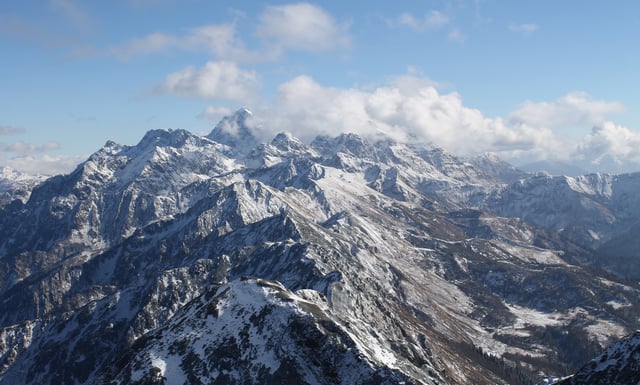 "View of Mount Agepsta and Turyi gory (Tur Mountains) from the top of Kamennyi Stolb, Aibga Ridge.", 2014.