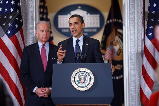 President Barack Obama and Vice President Joe Biden speak to state legislators about the implementation of the Recovery Act on March 20, 2009.