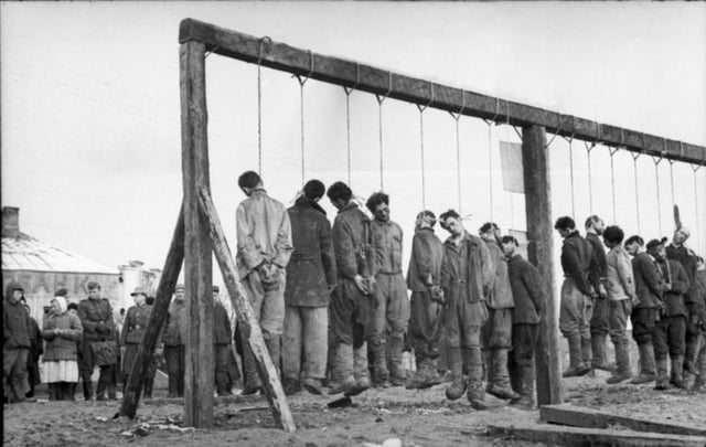 Soviet partisans hanged by German forces in January 1943