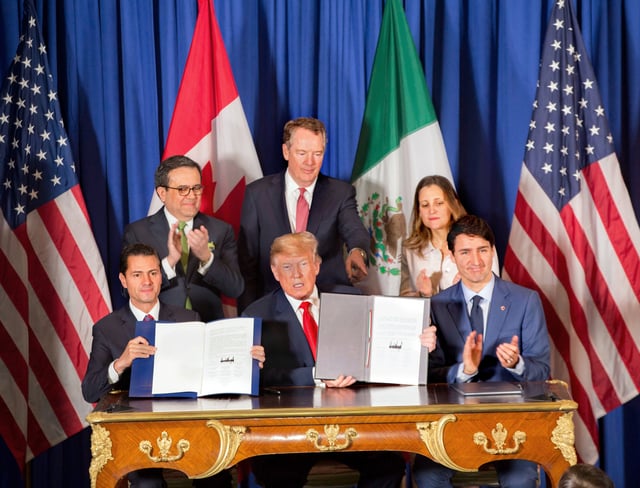 Mexican President Enrique Peña Nieto, U.S. President Donald Trump, and Prime Minister Justin Trudeau signed the 2018 CUSMA agreement.