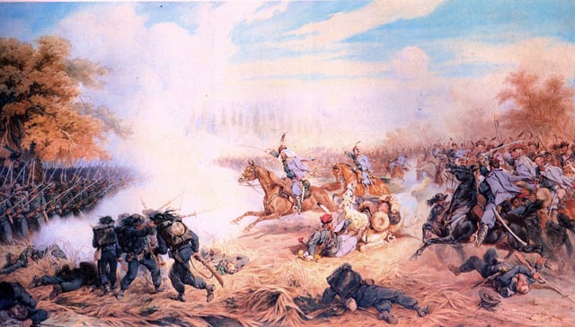Austrian uhlans under Colonel Rodakowski attack Italian Bersaglieri during the Battle of Custoza
