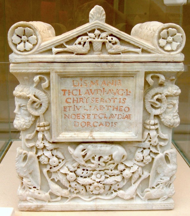Cinerary urn for the freedman Tiberius Claudius Chryseros and two women, probably his wife and daughter
