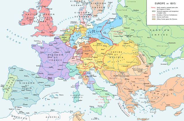 The national boundaries within Europe set by the Congress of Vienna, 1815