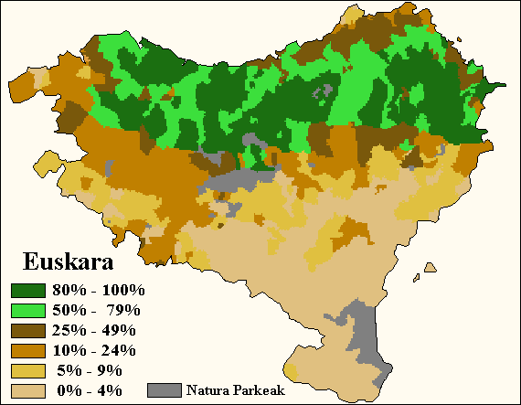 Percentage of fluent speakers of Basque (areas where Basque is not spoken are included within the 0–4% interval)