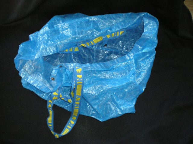 An IKEA reusable plastic shopping bag