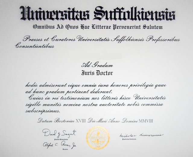 Example of a diploma from Suffolk University Law School conferring the Juris Doctor degree.