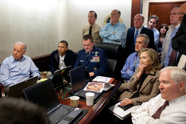 Biden, Obama and the U.S. national security team gathered in the White House Situation Room to monitor the progress of the May 2011 U.S. mission to kill Osama bin Laden.