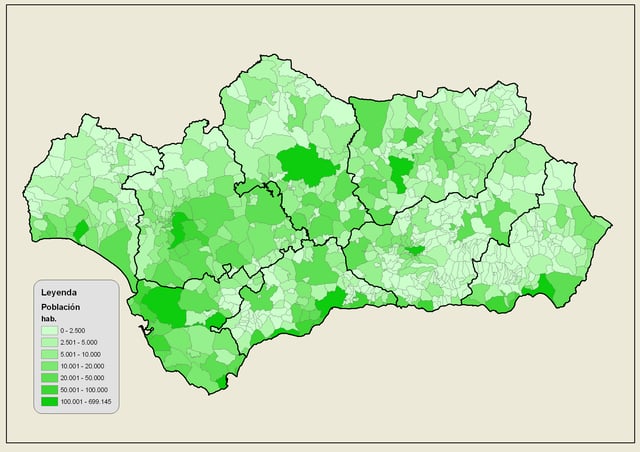 Population by municipalities in Andalusia in 2007.