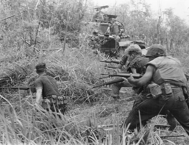 U.S. Marines of "G" Company, 2nd Battalion, 7th Marines in action during Operation Allen Brook in South Vietnam, 1968